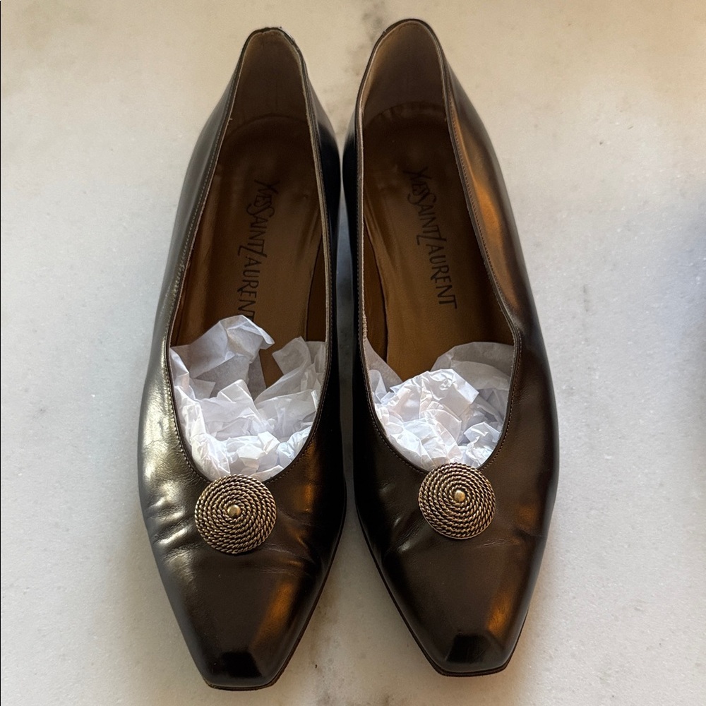 Yves Saint Laurent Brown Gold with block Heels.